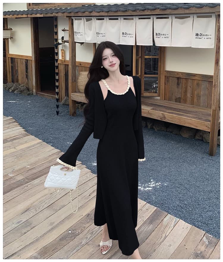 2026 가을 겨울 새로운 작은 샤넬 스타일 체인 슬립 니트 세트 여성 드레스 몸매 가꾸기 한 마디 롱 스커트 투피스 세트 상세 이미지 25