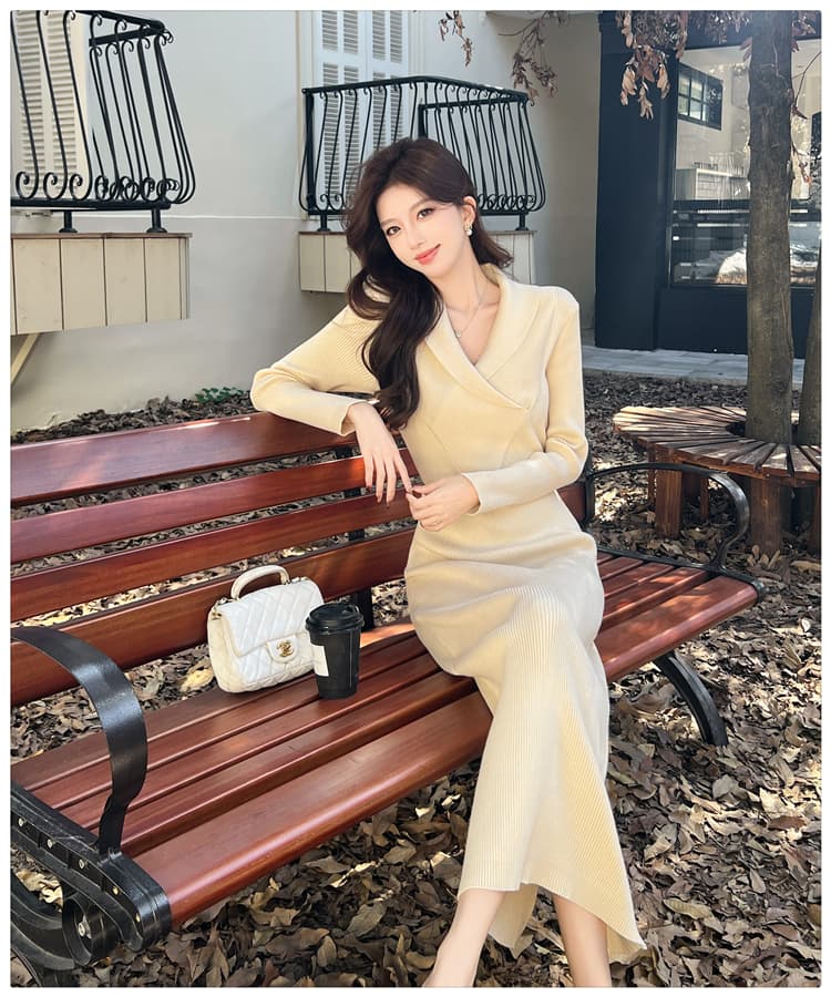 레트로 V넥 니트 타이트 스커트 여성 드레스 가을 겨울 새로운 프랑스식 품격 긴팔 니트 드레스 몸매 가꾸기 롱 스커트 상세 이미지 12