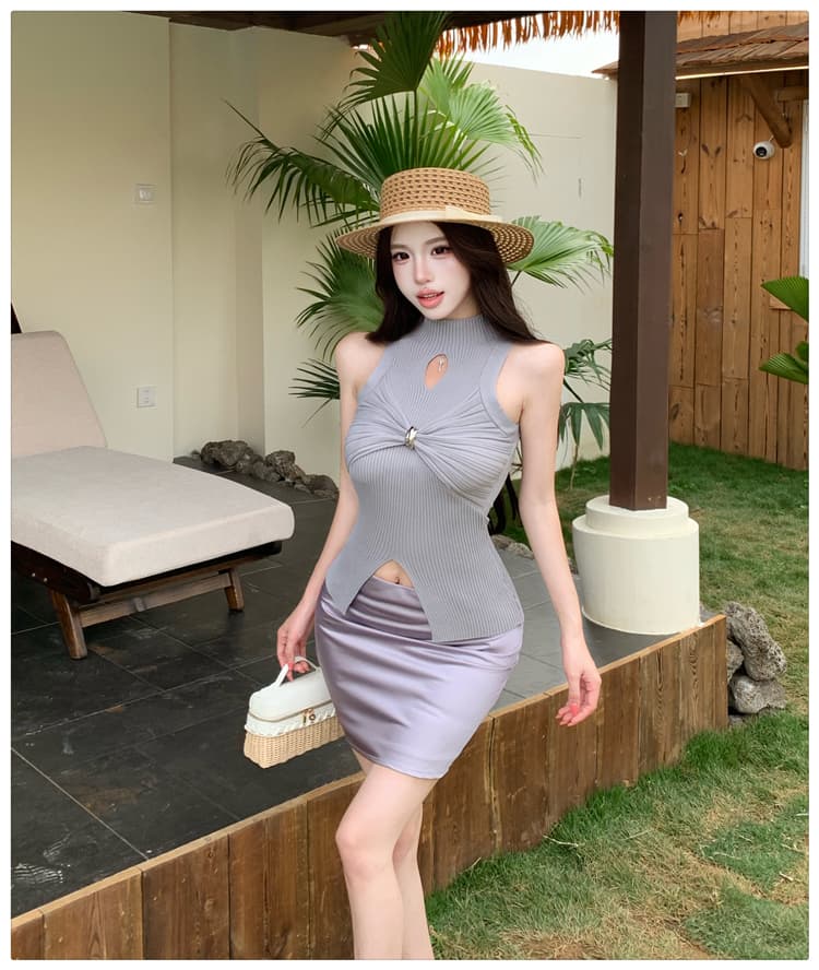순수한 욕망 핫걸 여성 비틀림 주름 트임 니트 티셔츠 디자인 센스 터틀넥 민소매 맨위 노래 구슬 조끼 아모이 상세 이미지 17