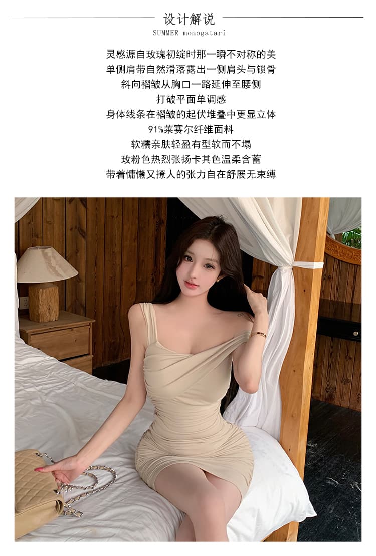 실사 여름 새로운 프랑스식 불규칙 이슬 어깨끈 가슴 패드 여성 드레스 주름 타이트 스커트 미니 스커트 순수한 욕망 핫걸 상세 이미지 2