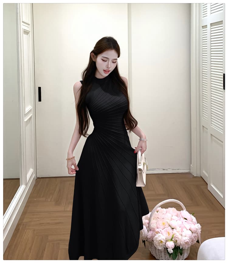 부드러운 필터 민소매 니트 여성 드레스 허리 수축 슬림해 보이는 명문 여성 품격 불규칙 허리 수축 롱 스커트 고급 센스 상세 이미지 23
