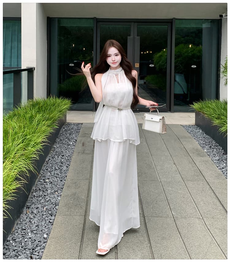 순수한 욕망 부드러운 천 골드 센스 레이스 리본 민소매 슬림해 보이는 맨위 반신 롱 스커트 디자인 센스 품격 세 조각 여성 세트 상세 이미지 13