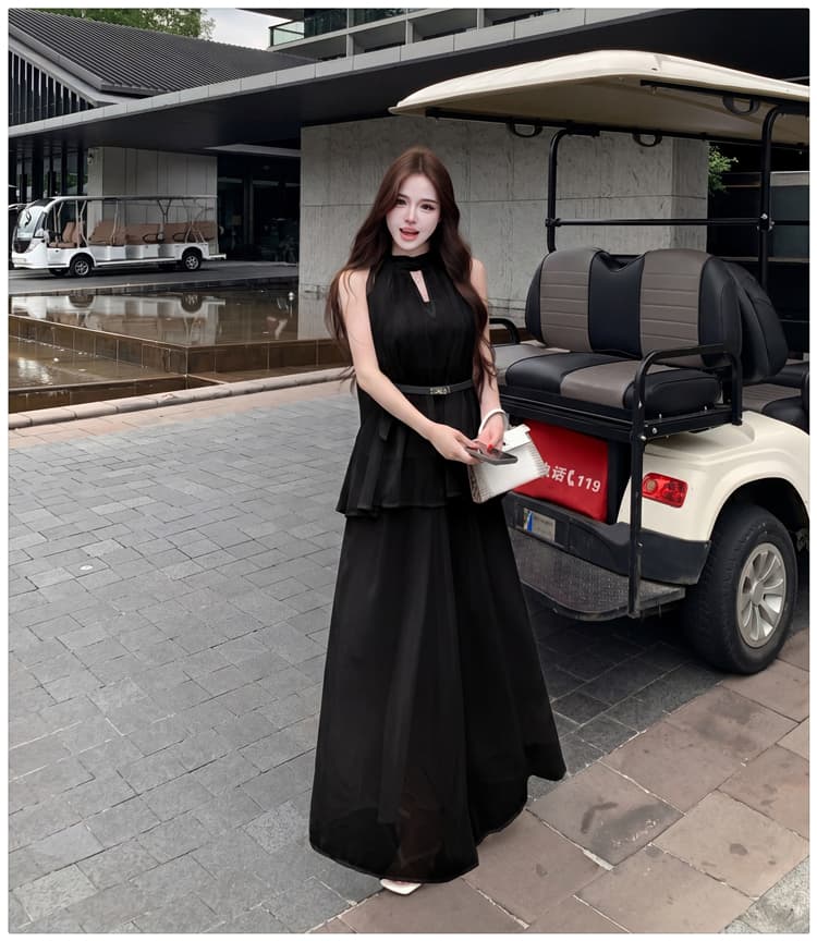 순수한 욕망 부드러운 천 골드 센스 레이스 리본 민소매 슬림해 보이는 맨위 반신 롱 스커트 디자인 센스 품격 세 조각 여성 세트 상세 이미지 21