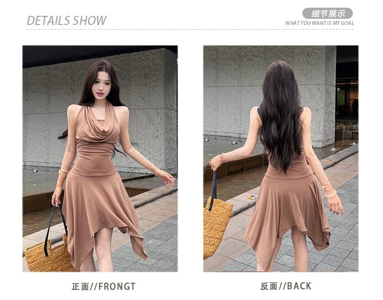 ins 불규칙 다양한 착용 법 허리 주름 디자인 센스 행침 목 여성 드레스 핫걸 순수한 욕망 바람 작은 대중 여름 상세 이미지 3