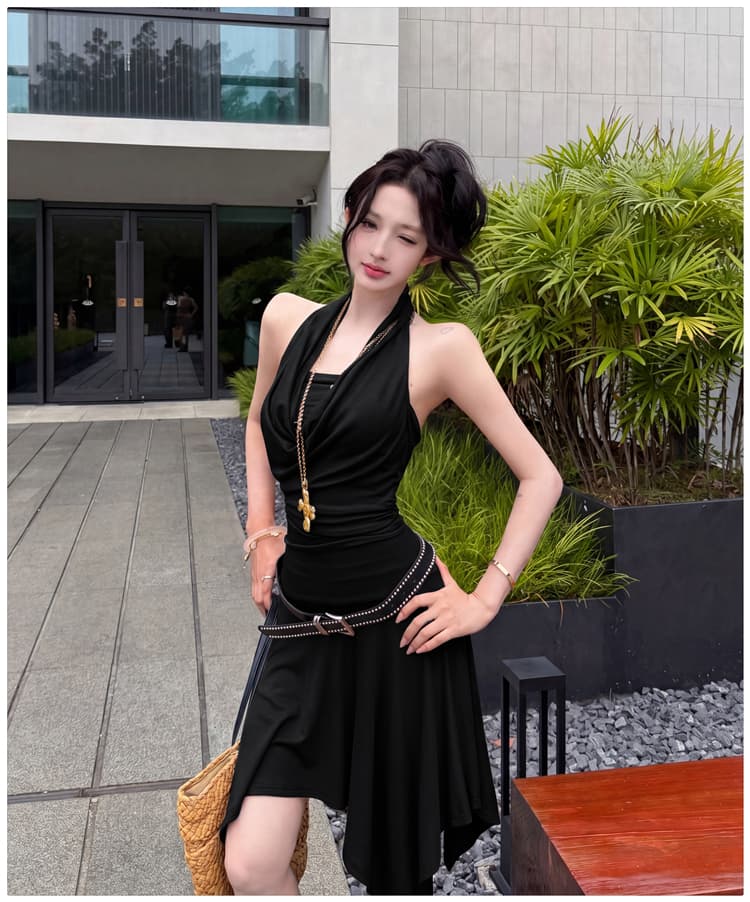 ins 불규칙 다양한 착용 법 허리 주름 디자인 센스 행침 목 여성 드레스 핫걸 순수한 욕망 바람 작은 대중 여름 상세 이미지 25