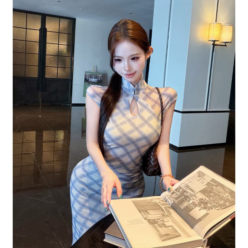 새로운 중식 국풍 레트로 달콤함 치파오 드레스 여성 여름 새로운 체크무늬 품격 단추 슬림해 보이는 몸매 가꾸기 롱 스커트 이미지 4