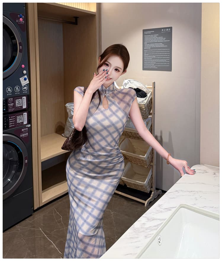 새로운 중식 국풍 레트로 달콤함 치파오 드레스 여성 여름 새로운 체크무늬 품격 단추 슬림해 보이는 몸매 가꾸기 롱 스커트 상세 이미지 7