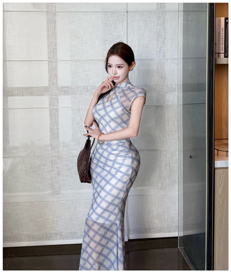 새로운 중식 국풍 레트로 달콤함 치파오 드레스 여성 여름 새로운 체크무늬 품격 단추 슬림해 보이는 몸매 가꾸기 롱 스커트 상세 이미지 17