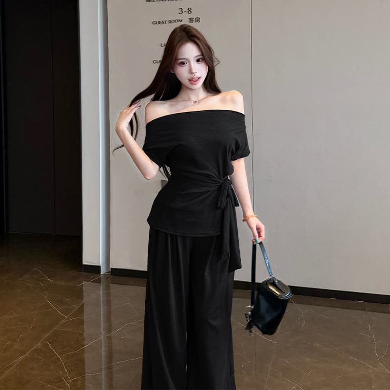 2026 여름 새로운 종이 사람들 흔들다 칼라 오프숄더 레이스업 슬림해 보이는 반팔 티셔츠 넓은 다리 길이 바지 패션 투피스 세트 이미지 2