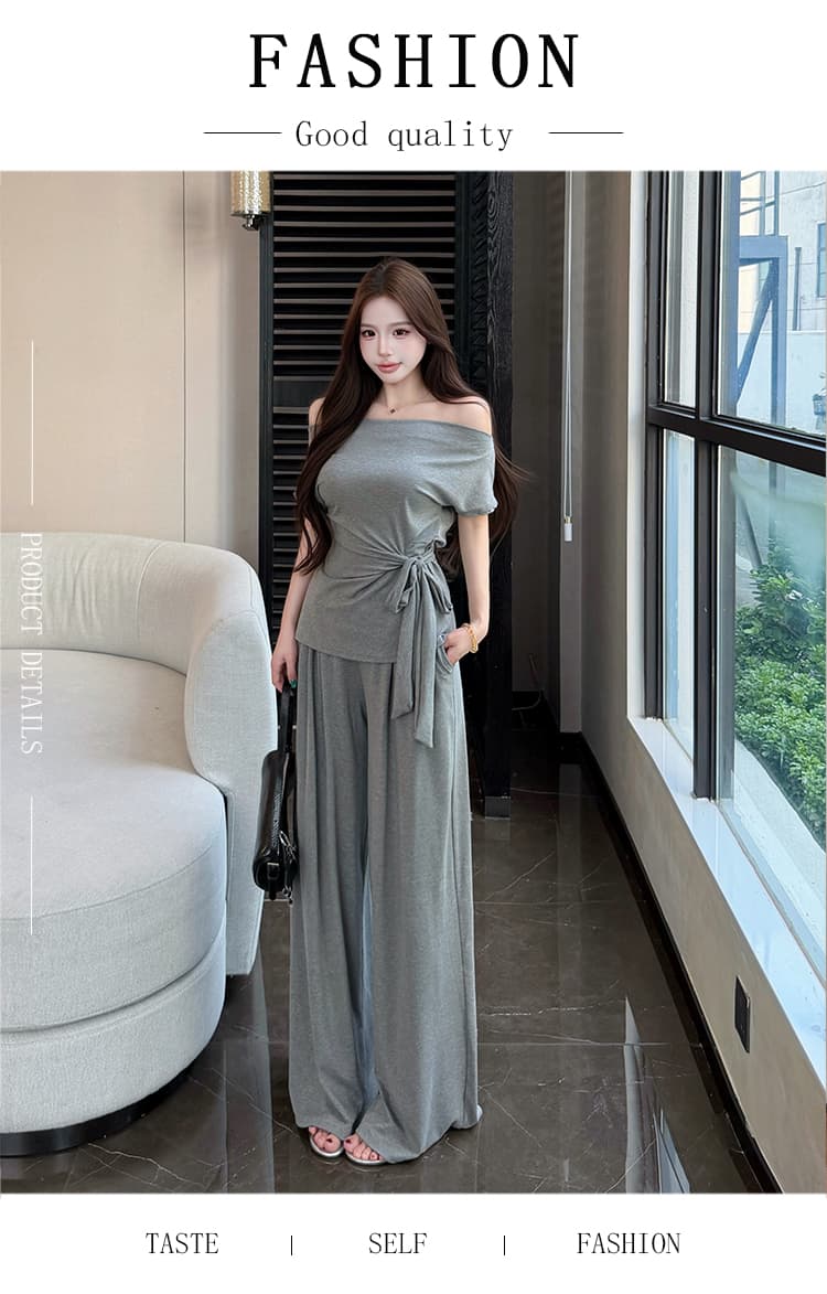 2026 여름 새로운 종이 사람들 흔들다 칼라 오프숄더 레이스업 슬림해 보이는 반팔 티셔츠 넓은 다리 길이 바지 패션 투피스 세트 상세 이미지 1