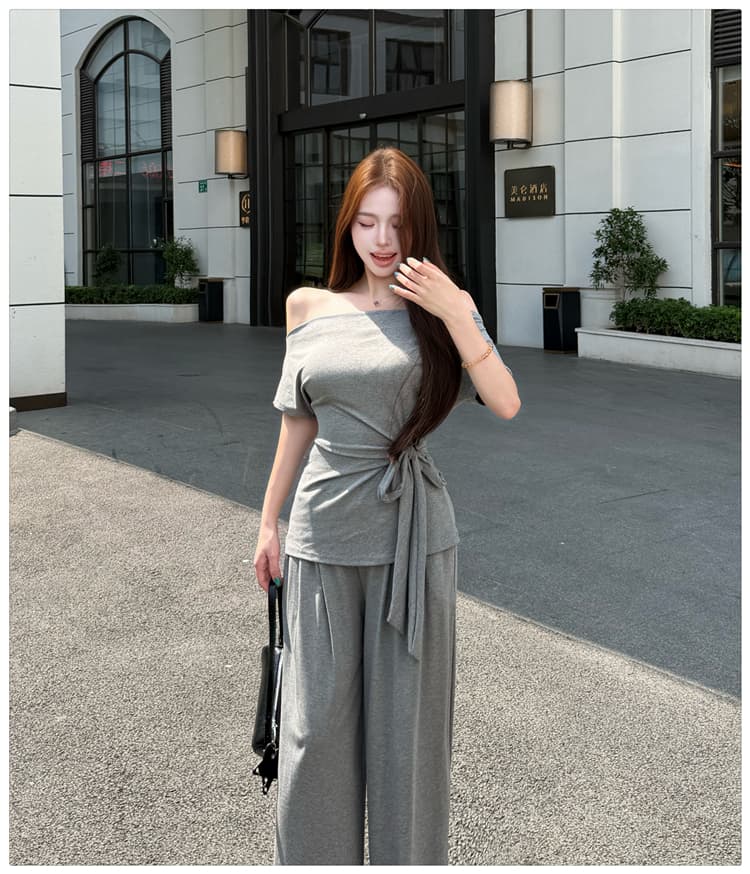 2026 여름 새로운 종이 사람들 흔들다 칼라 오프숄더 레이스업 슬림해 보이는 반팔 티셔츠 넓은 다리 길이 바지 패션 투피스 세트 상세 이미지 7