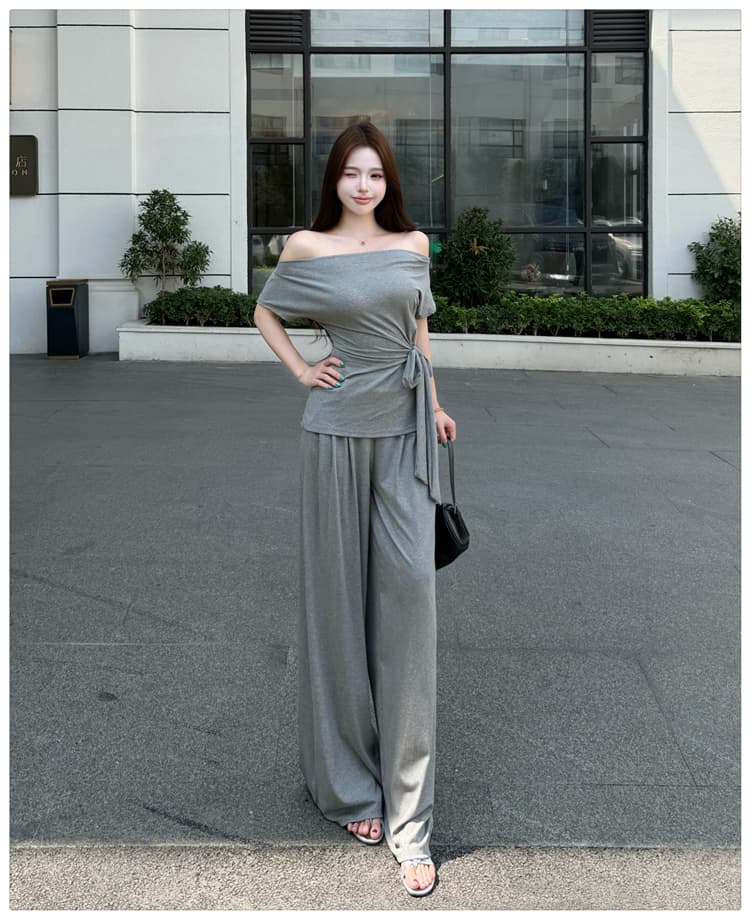 2026 여름 새로운 종이 사람들 흔들다 칼라 오프숄더 레이스업 슬림해 보이는 반팔 티셔츠 넓은 다리 길이 바지 패션 투피스 세트 상세 이미지 9