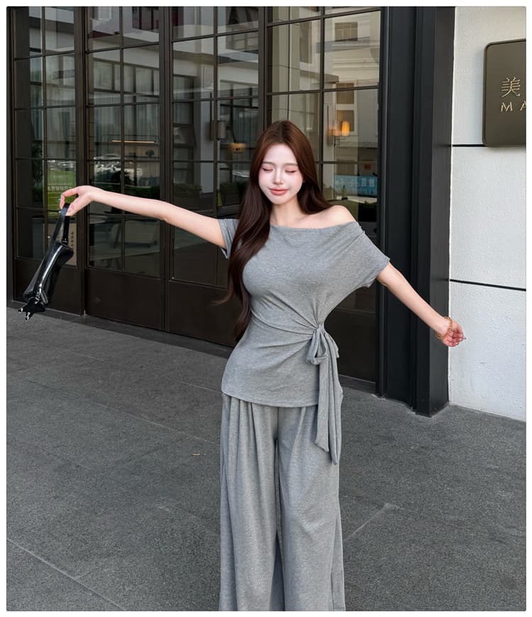 2026 여름 새로운 종이 사람들 흔들다 칼라 오프숄더 레이스업 슬림해 보이는 반팔 티셔츠 넓은 다리 길이 바지 패션 투피스 세트 상세 이미지 10