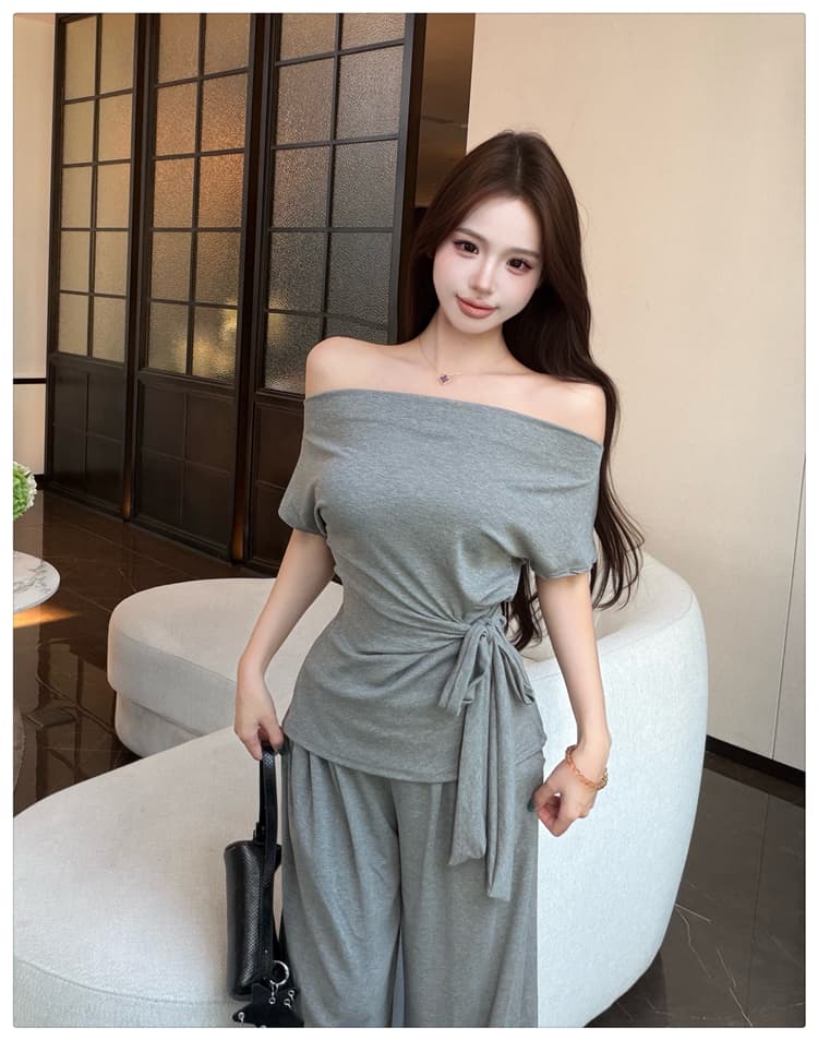 2026 여름 새로운 종이 사람들 흔들다 칼라 오프숄더 레이스업 슬림해 보이는 반팔 티셔츠 넓은 다리 길이 바지 패션 투피스 세트 상세 이미지 12