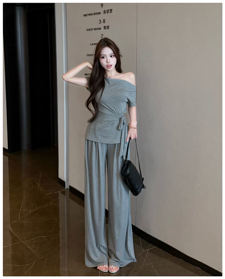 2026 여름 새로운 종이 사람들 흔들다 칼라 오프숄더 레이스업 슬림해 보이는 반팔 티셔츠 넓은 다리 길이 바지 패션 투피스 세트 상세 이미지 14