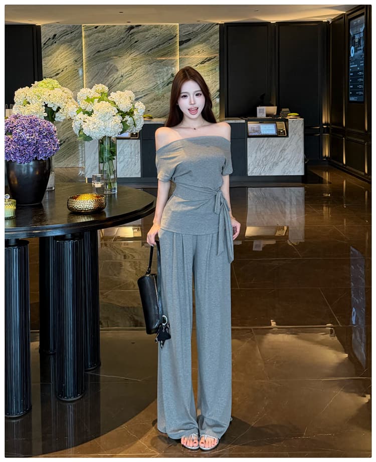 2026 여름 새로운 종이 사람들 흔들다 칼라 오프숄더 레이스업 슬림해 보이는 반팔 티셔츠 넓은 다리 길이 바지 패션 투피스 세트 상세 이미지 17
