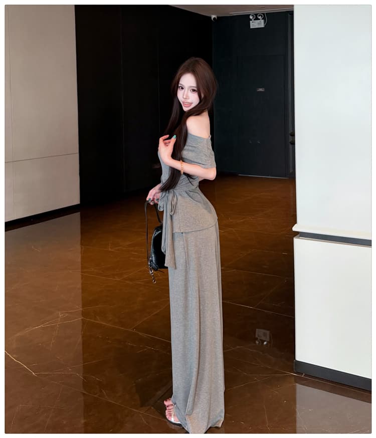 2026 여름 새로운 종이 사람들 흔들다 칼라 오프숄더 레이스업 슬림해 보이는 반팔 티셔츠 넓은 다리 길이 바지 패션 투피스 세트 상세 이미지 18
