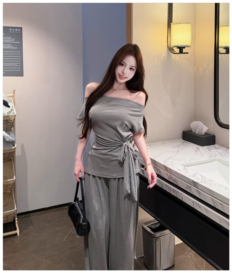 2026 여름 새로운 종이 사람들 흔들다 칼라 오프숄더 레이스업 슬림해 보이는 반팔 티셔츠 넓은 다리 길이 바지 패션 투피스 세트 상세 이미지 20