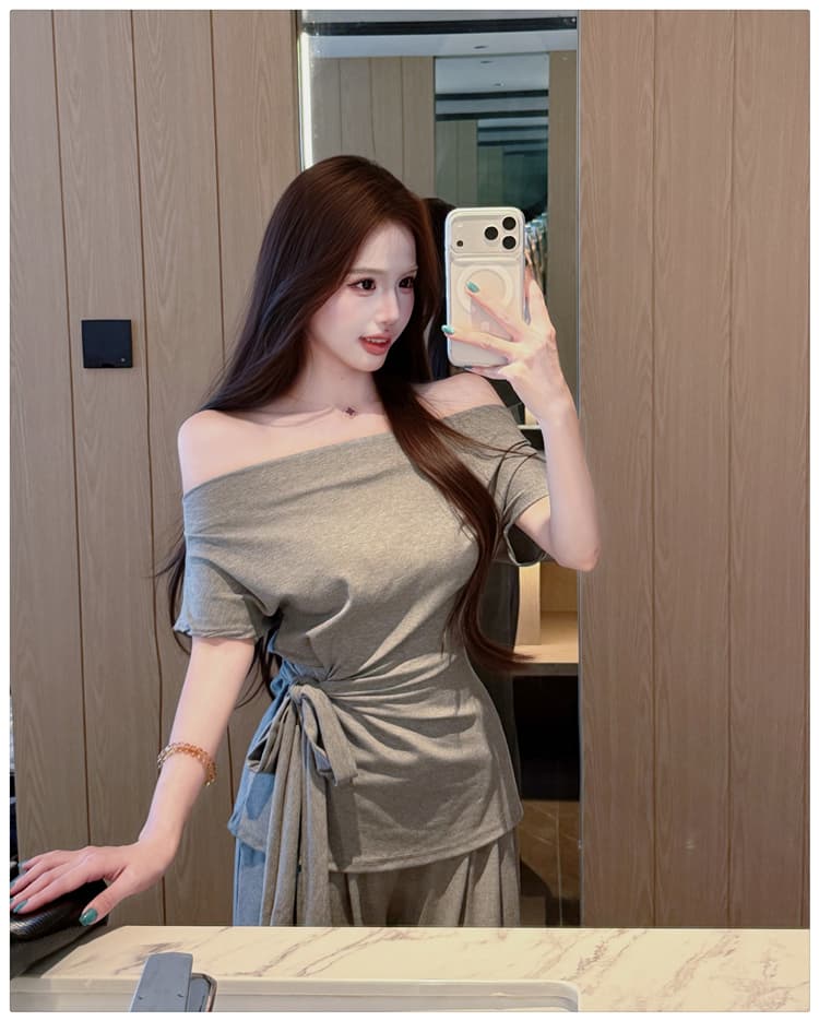 2026 여름 새로운 종이 사람들 흔들다 칼라 오프숄더 레이스업 슬림해 보이는 반팔 티셔츠 넓은 다리 길이 바지 패션 투피스 세트 상세 이미지 22