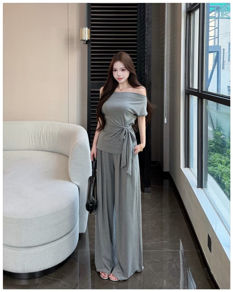 2026 여름 새로운 종이 사람들 흔들다 칼라 오프숄더 레이스업 슬림해 보이는 반팔 티셔츠 넓은 다리 길이 바지 패션 투피스 세트 상세 이미지 23