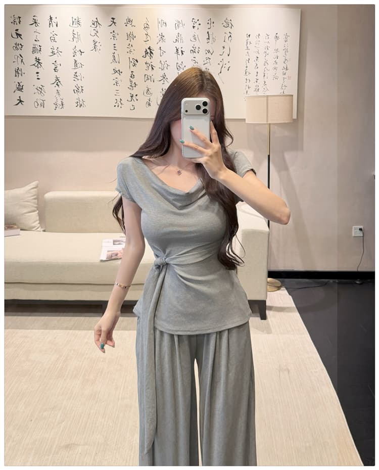 2026 여름 새로운 종이 사람들 흔들다 칼라 오프숄더 레이스업 슬림해 보이는 반팔 티셔츠 넓은 다리 길이 바지 패션 투피스 세트 상세 이미지 24
