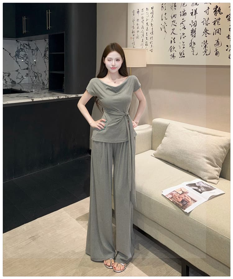 2026 여름 새로운 종이 사람들 흔들다 칼라 오프숄더 레이스업 슬림해 보이는 반팔 티셔츠 넓은 다리 길이 바지 패션 투피스 세트 상세 이미지 25