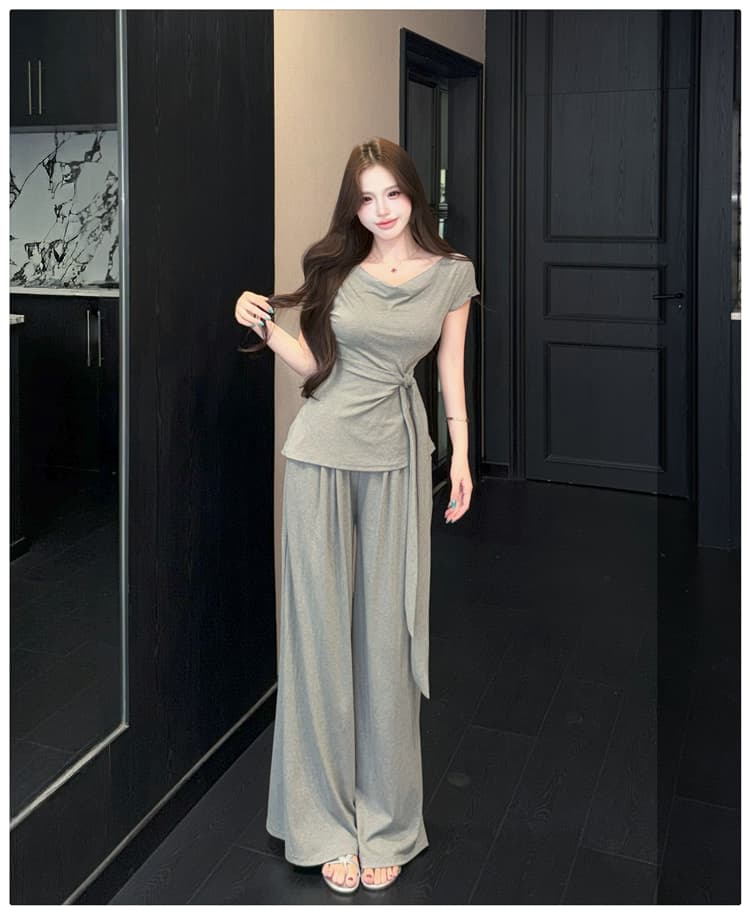 2026 여름 새로운 종이 사람들 흔들다 칼라 오프숄더 레이스업 슬림해 보이는 반팔 티셔츠 넓은 다리 길이 바지 패션 투피스 세트 상세 이미지 26