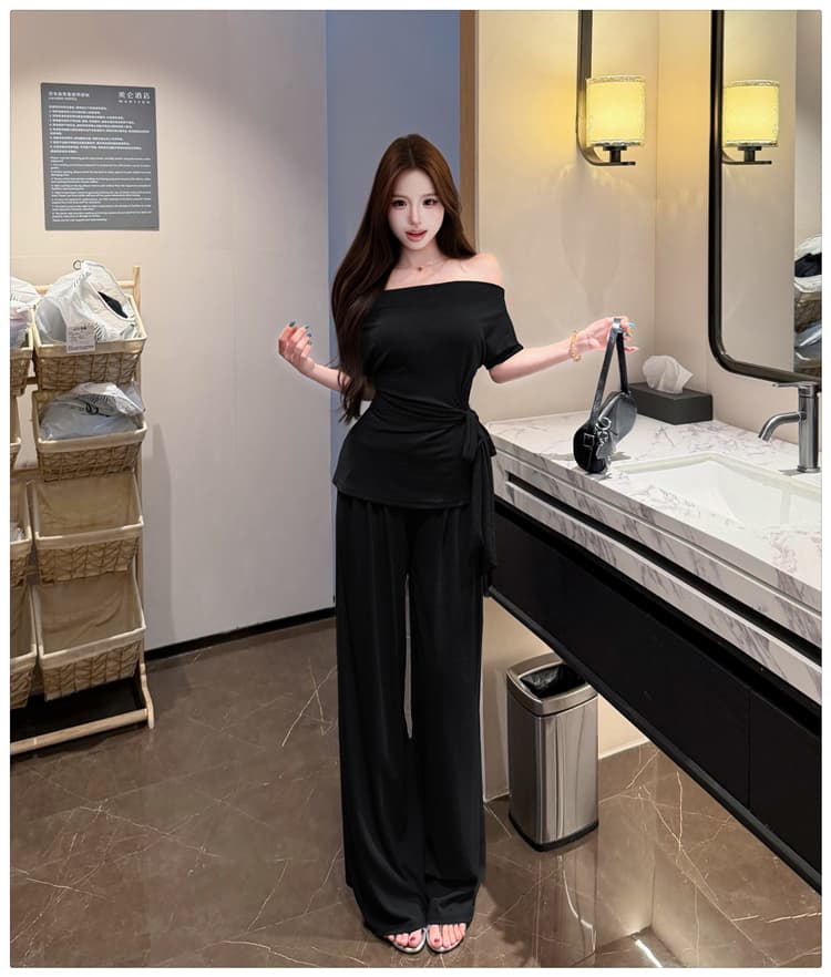 2026 여름 새로운 종이 사람들 흔들다 칼라 오프숄더 레이스업 슬림해 보이는 반팔 티셔츠 넓은 다리 길이 바지 패션 투피스 세트 상세 이미지 29