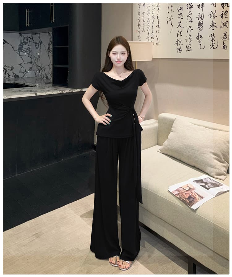 2026 여름 새로운 종이 사람들 흔들다 칼라 오프숄더 레이스업 슬림해 보이는 반팔 티셔츠 넓은 다리 길이 바지 패션 투피스 세트 상세 이미지 30