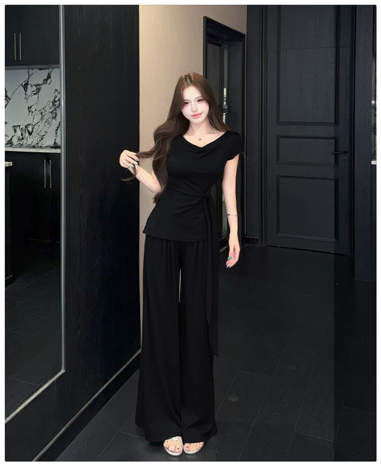 2026 여름 새로운 종이 사람들 흔들다 칼라 오프숄더 레이스업 슬림해 보이는 반팔 티셔츠 넓은 다리 길이 바지 패션 투피스 세트 상세 이미지 31