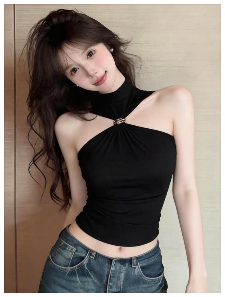 아메리칸 핫걸 튜브탑 민소매 조끼 슬립 여성 검정색 행침 목 맨위 몸매 가꾸기 슬림해 보이는 작은 키 작은 대중 디자인 상세 이미지 16