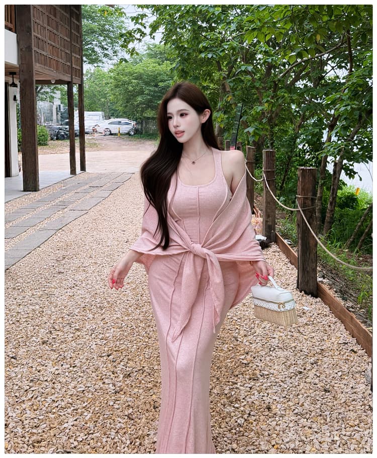 패션 세트 광장 칼라 캐미솔 드레스 외부 가져 가라. 숄 자외선 차단 재킷 품격 투피스 세트 느긋한 바람 여름 상세 이미지 12