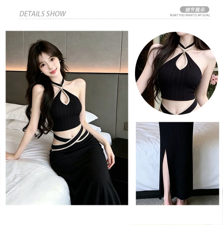 품격 배색 쇼트 스타일 행침 목 조끼 맨위 타이트 스커트 인어 꼬리 롱 스커트 여성 패션 투피스 세트 순수한 욕망 핫걸 섹시함 상세 이미지 3