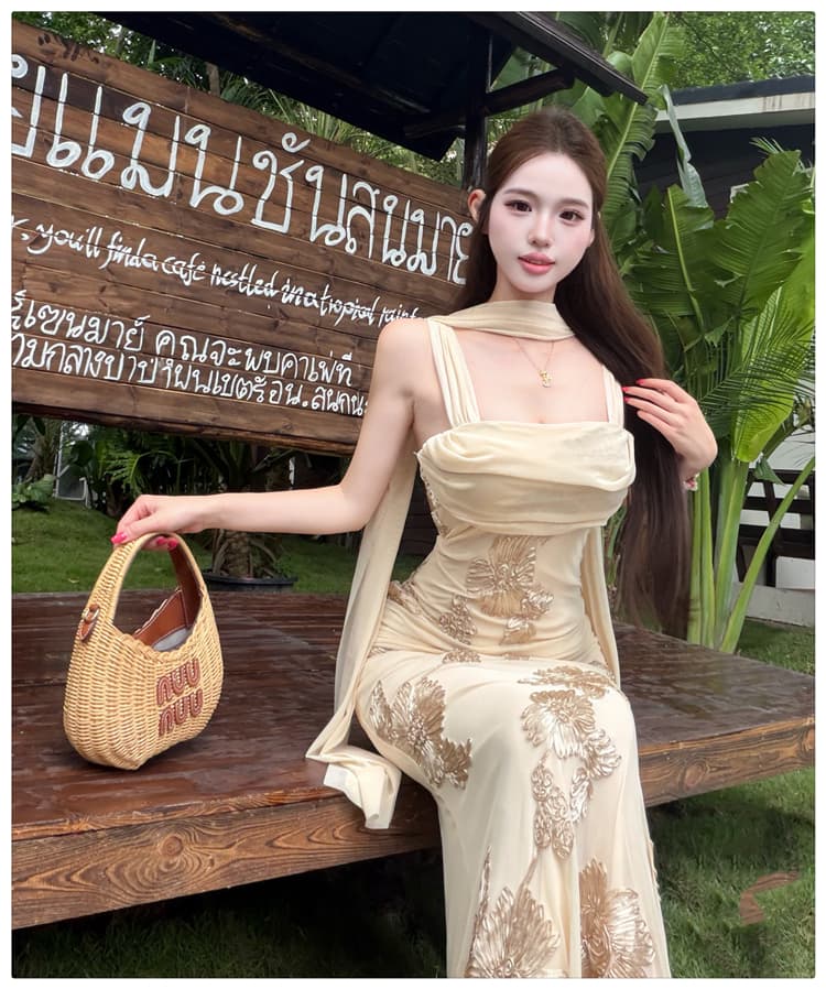 작은 대중 디자인 센스 디스플레이 농땡이 부리다 품격 프랑스식 슬립 여성 드레스 무거운 작업 자수 타이트 스커트 롱 스커트 품격 예복 트렌디 상세 이미지 7