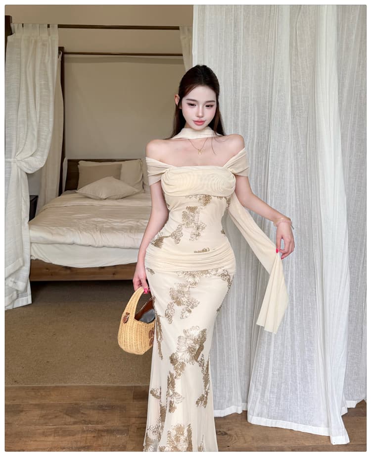 작은 대중 디자인 센스 디스플레이 농땡이 부리다 품격 프랑스식 슬립 여성 드레스 무거운 작업 자수 타이트 스커트 롱 스커트 품격 예복 트렌디 상세 이미지 17