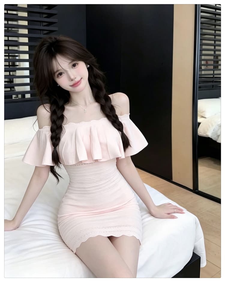 오프숄더 프랑스식 품격 니트 여성 드레스 2026 여름 새로운 프릴 타이트 스커트 허리 수축 슬림해 보이는 미니 스커트 상세 이미지 19