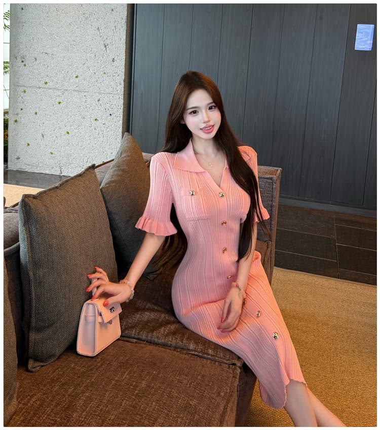 프랑스식 품격 핑크색 V넥 허리 수축 슬림해 보이는 몸매 가꾸기 반팔 니트 여성 드레스 작은 키 A라인 스커트 작은 대중 트렌디 상세 이미지 11