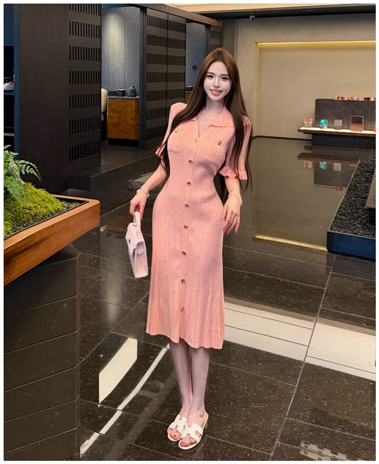 프랑스식 품격 핑크색 V넥 허리 수축 슬림해 보이는 몸매 가꾸기 반팔 니트 여성 드레스 작은 키 A라인 스커트 작은 대중 트렌디 상세 이미지 19