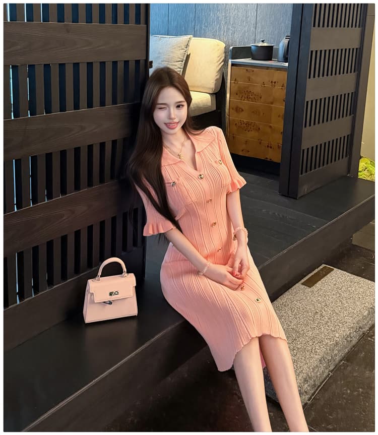 프랑스식 품격 핑크색 V넥 허리 수축 슬림해 보이는 몸매 가꾸기 반팔 니트 여성 드레스 작은 키 A라인 스커트 작은 대중 트렌디 상세 이미지 22