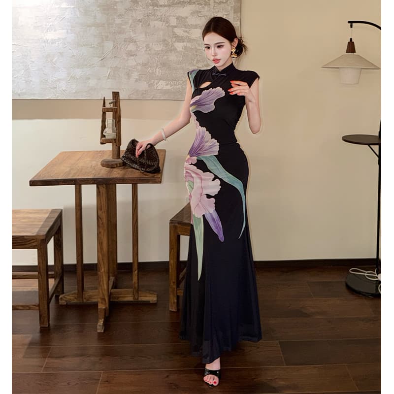실사 연 보라색 레트로 새로운 중식 국풍 개선 꽃무늬 치파오 여성 드레스 민소매 슬림해 보이는 프린트 롱 스커트 이미지 3