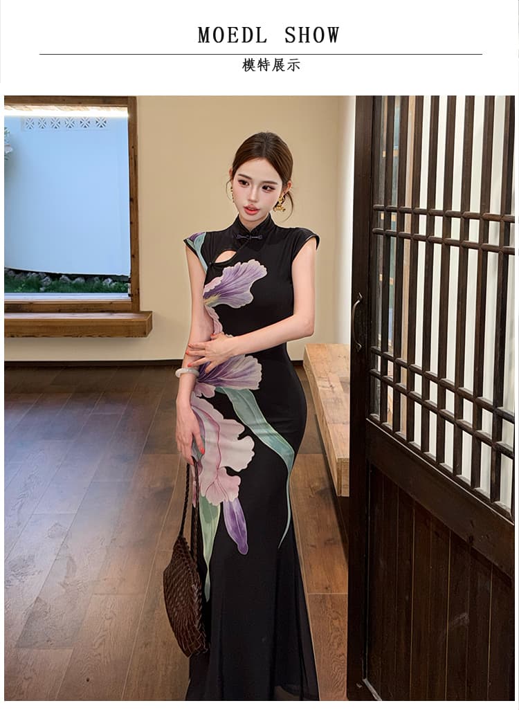 실사 연 보라색 레트로 새로운 중식 국풍 개선 꽃무늬 치파오 여성 드레스 민소매 슬림해 보이는 프린트 롱 스커트 상세 이미지 6
