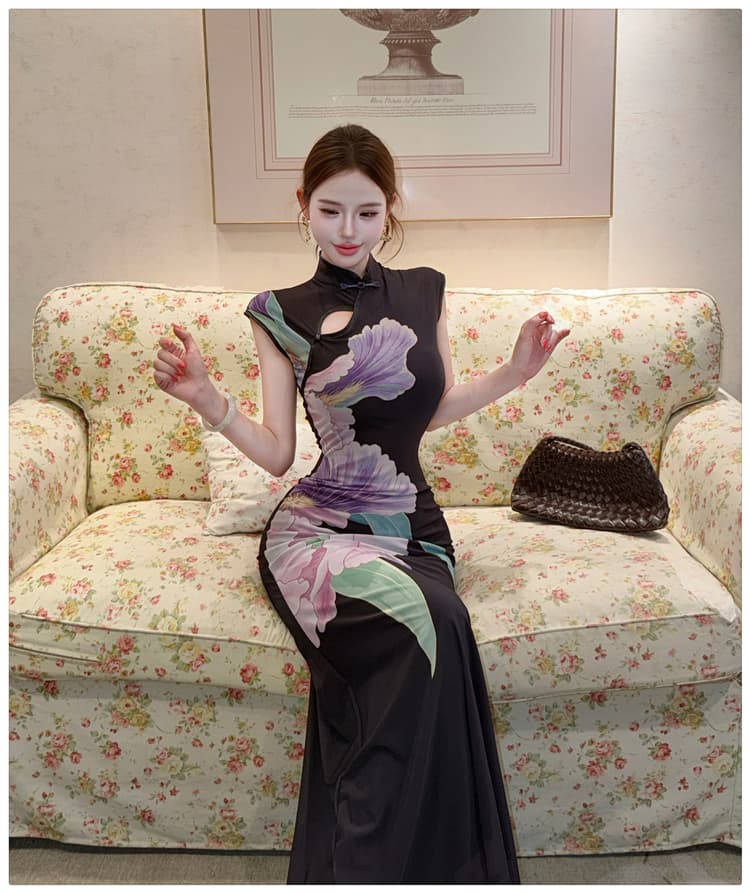 실사 연 보라색 레트로 새로운 중식 국풍 개선 꽃무늬 치파오 여성 드레스 민소매 슬림해 보이는 프린트 롱 스커트 상세 이미지 13