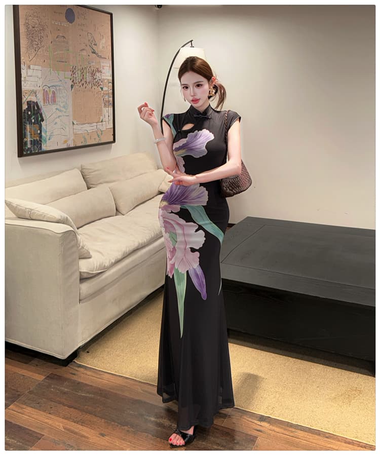 실사 연 보라색 레트로 새로운 중식 국풍 개선 꽃무늬 치파오 여성 드레스 민소매 슬림해 보이는 프린트 롱 스커트 상세 이미지 20