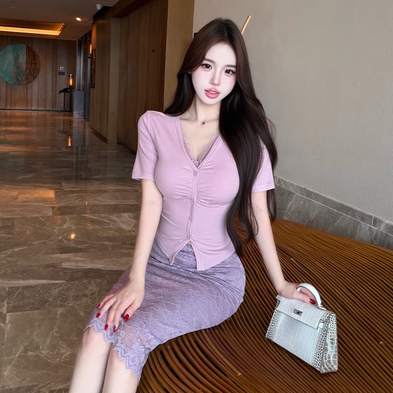 순수한 욕망 바람 레이스 조각 반팔 티셔츠 여성 셔츠 여성 타이트 스커트 반신 중간 스커트 패션 투피스 세트 빛 요리 한 바람 여름 이미지 5