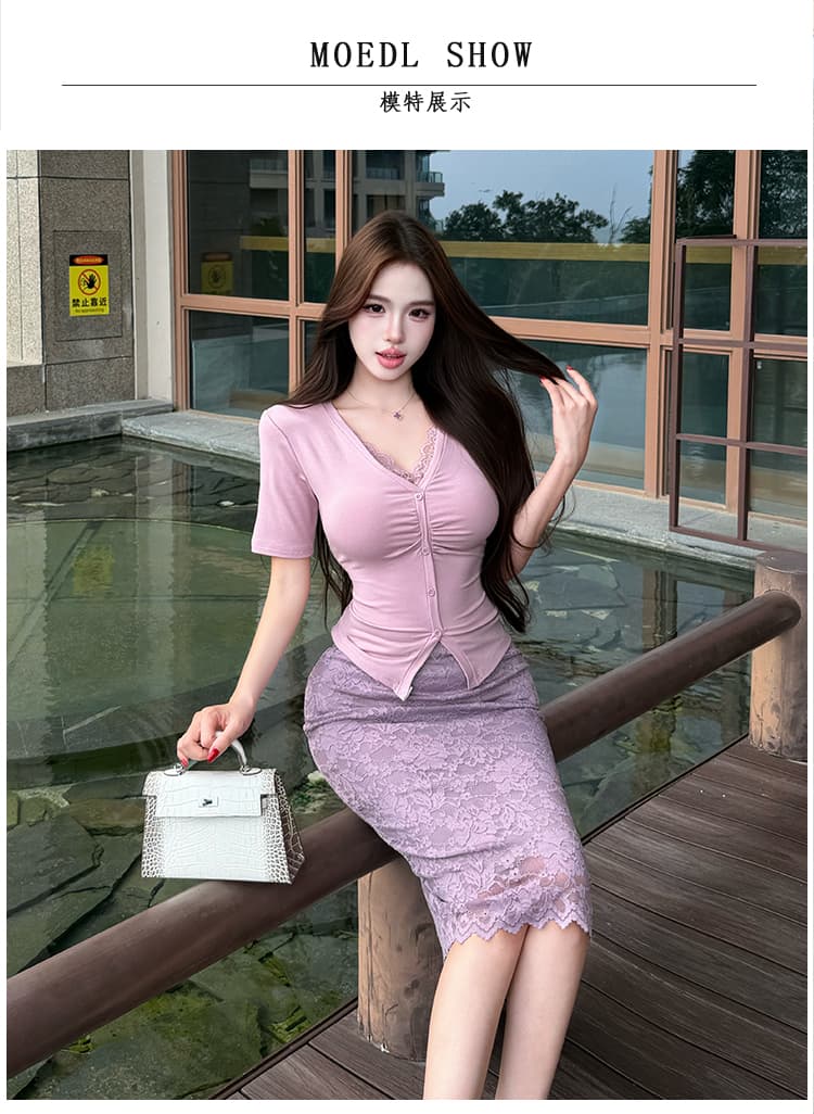 순수한 욕망 바람 레이스 조각 반팔 티셔츠 여성 셔츠 여성 타이트 스커트 반신 중간 스커트 패션 투피스 세트 빛 요리 한 바람 여름 상세 이미지 5