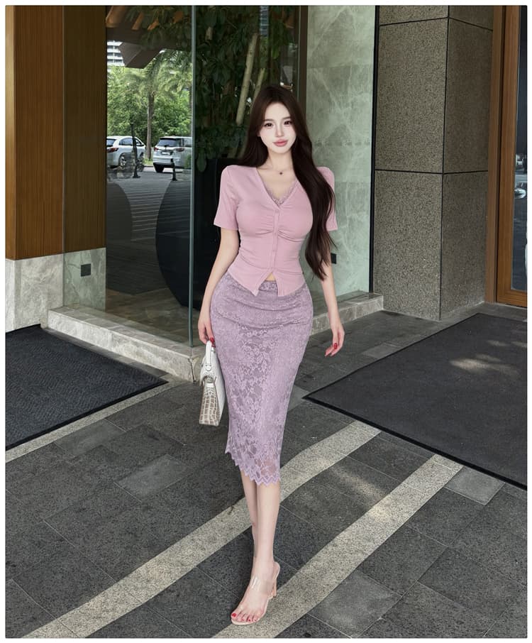 순수한 욕망 바람 레이스 조각 반팔 티셔츠 여성 셔츠 여성 타이트 스커트 반신 중간 스커트 패션 투피스 세트 빛 요리 한 바람 여름 상세 이미지 6