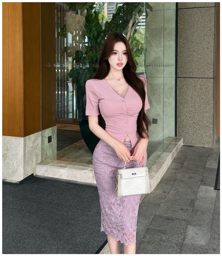 순수한 욕망 바람 레이스 조각 반팔 티셔츠 여성 셔츠 여성 타이트 스커트 반신 중간 스커트 패션 투피스 세트 빛 요리 한 바람 여름 상세 이미지 7