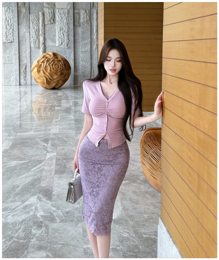 순수한 욕망 바람 레이스 조각 반팔 티셔츠 여성 셔츠 여성 타이트 스커트 반신 중간 스커트 패션 투피스 세트 빛 요리 한 바람 여름 상세 이미지 9
