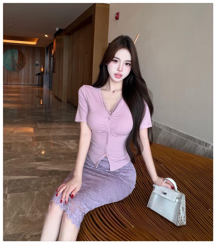 순수한 욕망 바람 레이스 조각 반팔 티셔츠 여성 셔츠 여성 타이트 스커트 반신 중간 스커트 패션 투피스 세트 빛 요리 한 바람 여름 상세 이미지 10