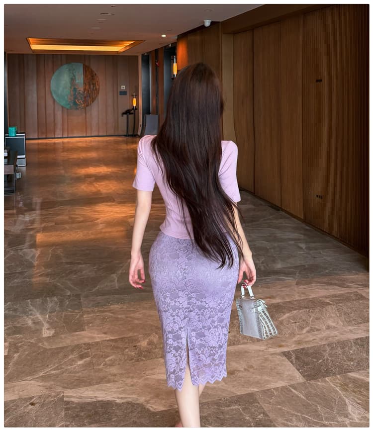 순수한 욕망 바람 레이스 조각 반팔 티셔츠 여성 셔츠 여성 타이트 스커트 반신 중간 스커트 패션 투피스 세트 빛 요리 한 바람 여름 상세 이미지 12